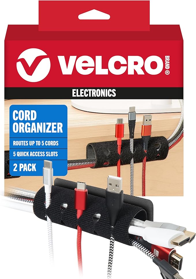 VELCRO Brand Cord Organizer for Desk & Nightstand, 5 Cable Slots with Sleeve Routing, Adhesive Wire Holder for Cord Management, Home, Workshop, Gaming & Office Essentials, Black 2 Pack