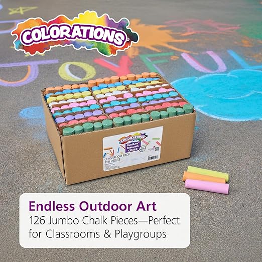 Colorations Jumbo Washable Chalk, Set of 126, Each Piece 4” x 1”, Bulk Outdoor Play Supplies, Non-Toxic, 4+, Classroom Must Haves, Party Favors