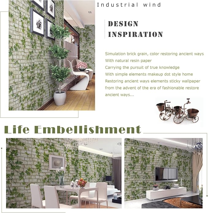 Peel and Stick Wallpaper Brick Wall Paper Green Leaves Brick 3D BrickStone Self Adhesive Removable Contact Paper Textured Vintage Wallpaper Decorative Wall Classroom Covering 23.6"x196"