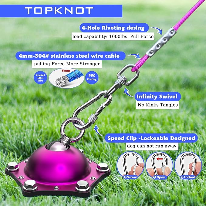 TOPKNOT Dog Tie Out Cable and Stake,(up to 200lbs) 360°Swivel Dog Run- No Tangle,with 15FT Heavy Duty Tie Out Cable for Dogs,Runner for Yard,Ideal for Outdoor Camping