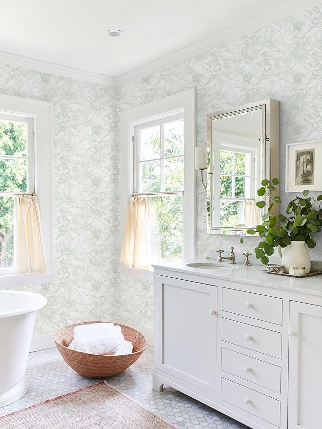 118"x17.3" Peel and Stick Wallpaper Green Floral Contact Paper White Boho Modern Wallpaper Removable Self Adhesive Flower Wall Paper for Kitchen Bathroom Bedroom Cabinets Thicken Vinyl Roll