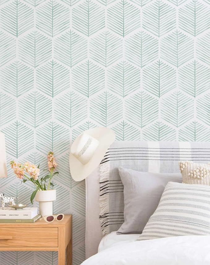 MelunMer Geometric Peel and Stick Wallpaper Boho Green White 17.3''×591'' | Modern Self Adhesive Removable Wallpaper for Bedroom/Bathroom Waterproof, Contact Paper for Cabinets, Drawers Easy to Install