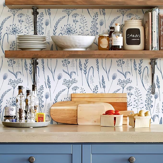 JiffDiff Peel and Stick Wallpaper Farmhouse Vintage Floral Contact Paper Wheat Meadow Removable Self Adhesive Wallpaper Blue and White (14.2 sq.ft)