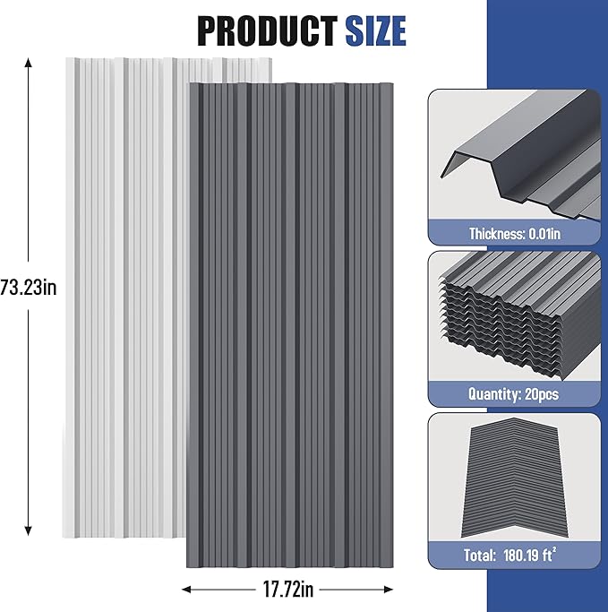 Brakki Metal Roofing Panels 20pcs 180.19 ft², 73.23"Lx17.72"W Grey Corrugated Galvanized Steel Roof Panels with Screw, Heavy Duty Metal Siding Suitable for Garages Chicken Coop Sheds Stables Patio