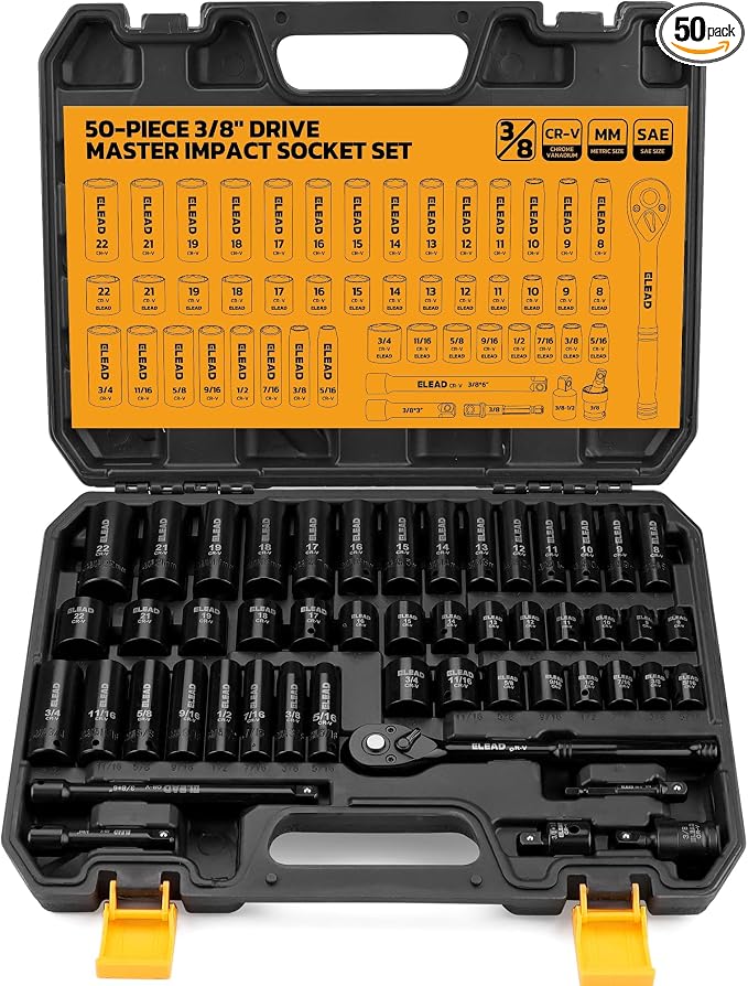 3/8" Drive Impact Socket Set - 50-Piece SAE (5/16" to 3/4") & Metric (8-22mm) Socket Wrench Set, 6-Point CR-V Steel Deep & Shallow Sockets with Ratchet Handle, Universal Joint, Extension Bar, Adapter