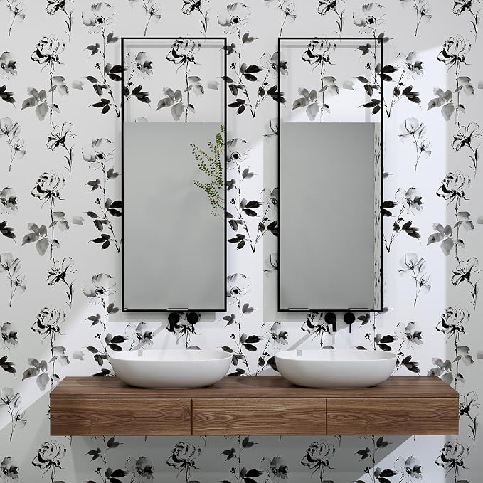 Hopepak Floral Wallpaper Peel and Stick Black and White Flower Peel and Stick Wall Paper Modern Contact Paper Removable Self Adhesive Wallpaper for Bathroom Bedroom Cabinet Decor Vinyl 17.3"×197"
