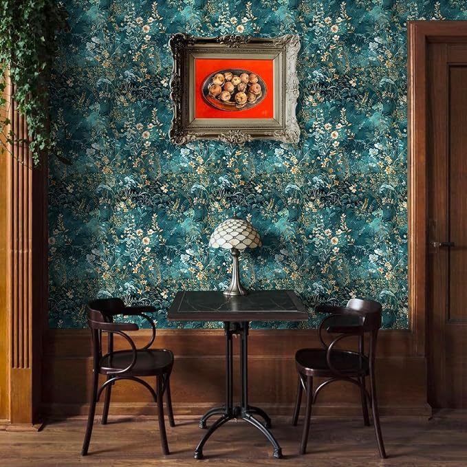 Floral Peel and Stick Wallpaper Teal Contact Paper 17.3in x 118in | Botanical Self Adhesive Wallpaper Vintage Floral Decor Vinyl for Bathroom Cabinets Teal Flower Removable Wall Paper Roll