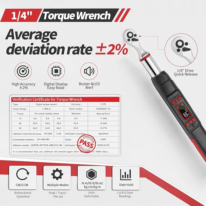 1/4" Digital Torque Wrench Set, 0.74-48 Ft-Lb(1-65Nm), ±2% CW Accuracy, Peak & Track Mode, Backlit LCD, 4" Extension Bar, Adapter, Universal Joint, Sockets Bits for Bicycle Motorcycle Auto DIY Repair