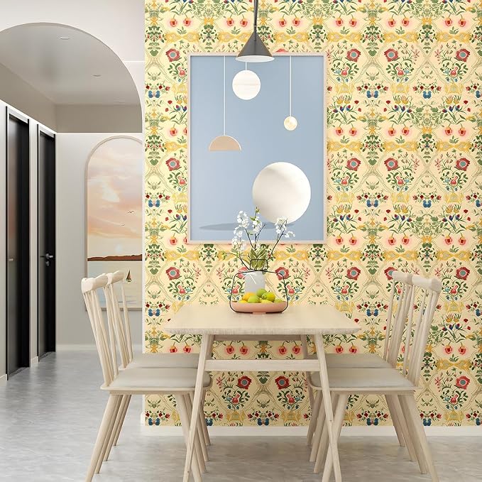 ILHIIOR Yellow Floral Peel and Stick Wallpaper - Boho Vintage Leaf Pattern - Removable Self Adhesive for Cabinet Drawers - 17.5''x393''