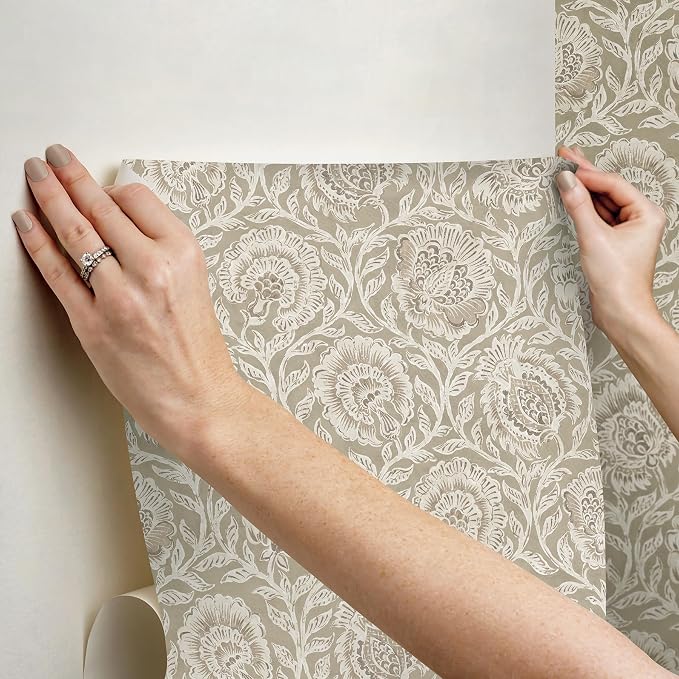 NuWallpaper x Nabela Noor Home Aliviya Pistachio Peel and Stick Wallpaper, Brown, Flowers, Transitional, Self-Adhesive, 20.5-in x 18-ft