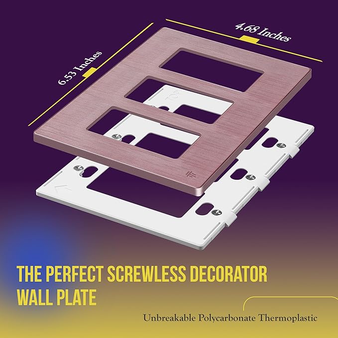 ENERLITES Elite Series Screwless Decorator Wall Plate Child Safe Outlet Cover, Gloss Finish, Size 3-Gang 4.68" H x 6.53" L, Unbreakable Polycarbonate Thermoplastic, SI8833-BRG, Brushed Rose Gold