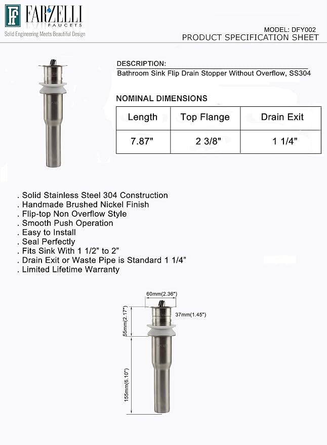 Stainless Steel Bathroom Sink Flip Drain Stopper Without Overflow DFY002