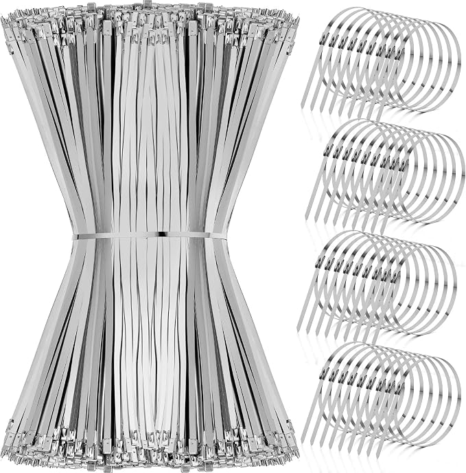 Therwen 1000 Pcs Metal Zip Ties Heavy Duty 304 Stainless Steel Multi Purpose Self Locking Cable Ties for Exhaust Machinery Fence Farm Pipe Roof Outdoor (11.8 Inch)