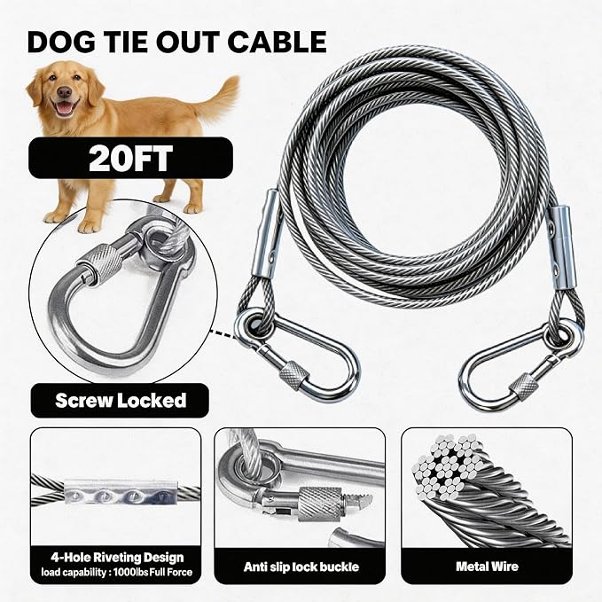 23" Dog Tie Out Stake with Spring, 20ft Cable & Chew Toy, Heavy Duty 304 Stainless Steel Anchor, 2x360° No Tangle Swivel for Large Medium Dogs, Yard & Camping (Stake/20ft Cable/Toy/250lbs)