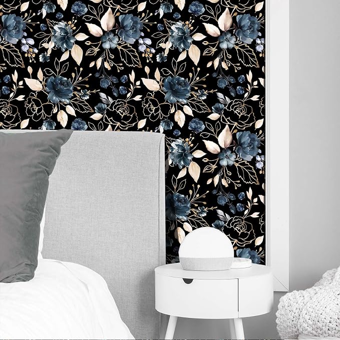 Black Gold Floral Peel and Stick Wallpaper 17.7"x118" | Removable thick vinyl, dark botanical design with navy blue flowers, bedroom, bathroom, renter friendly accent walls
