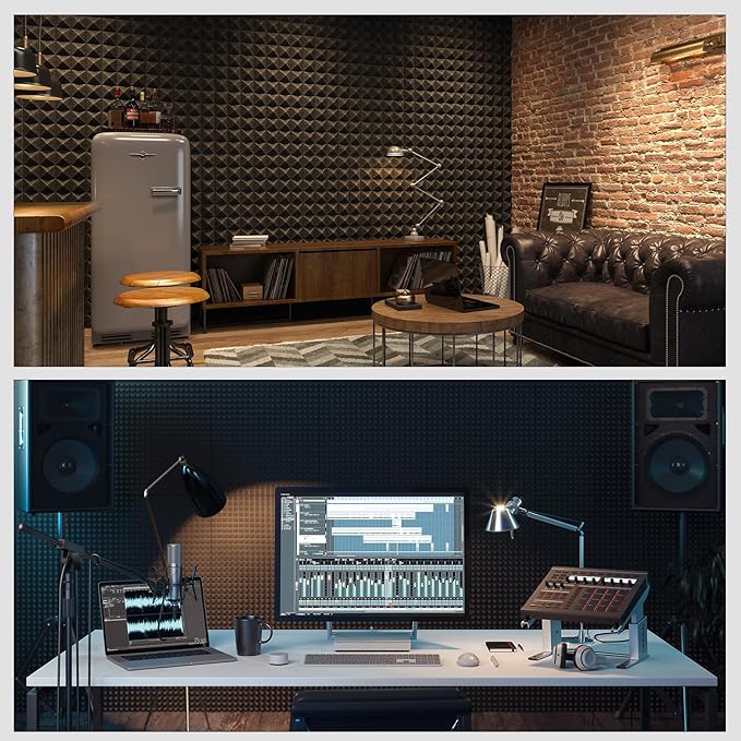 JBER 24Pack Pyramid Sound Proof Foam Panels, 2" X 12" X 12" Self-Adhesive Acoustic Wall Paddings for Home Office Studios (Black)