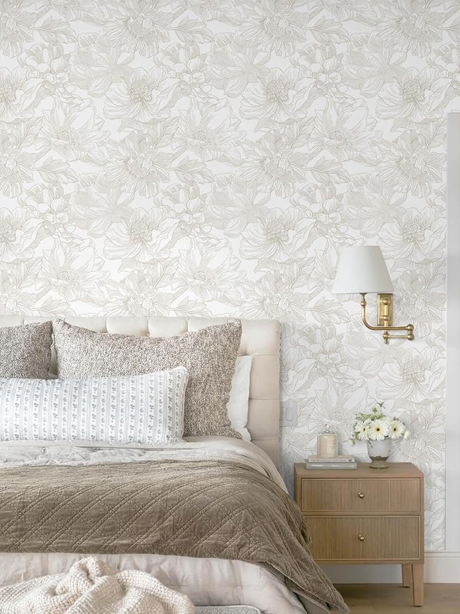 78.7"x17.3" Peel and Stick Wallpaper Floral Beige Neutral White Boho Contact Paper Modern Wallpaper Removable Self Adhesive Wall Paper Bedroom Bathroom Kitchen Thicken Waterproof Vinyl Roll