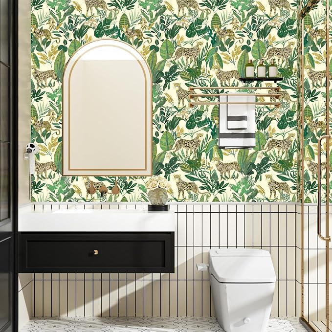 Yellow Vintage Leopard Peel and Stick Wallpaper 17.5" x 118" | Waterproof Vinyl Self Adhesive Removable Renter Friendly Floral Contact Paper