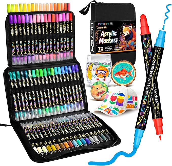 Betem 72 Colors Dual Tip Acrylic Paint Markers, Fabric Decorating Kits Premium Water-Based Acrylic Paint Pens Art Supplies for Fabric, Rock, Wood, Glass, Canvas, Ceramic, Teacher Appreciation Gift