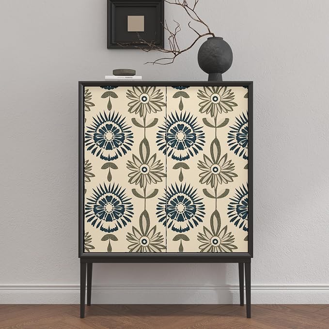BOKEBEVE Boho Floral Peel and Stick Wallpaper Beige Blue 17.5 x 393.5In | Extra Long Symmetry Contact Paper Modern Wall Paper for Bedroom Accent Walls Laundry Nursery Pantry Renter Friendly Removable