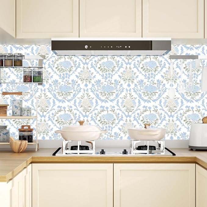ILHIIOR White Floral Peel and Stick Wallpaper Boho Leaf Contact Paper Blue Flower Removable Self Adhesive Waterproof Wall Paper for Cabinet Drawers Wall Decor Renter Friendly 17.5''x118''