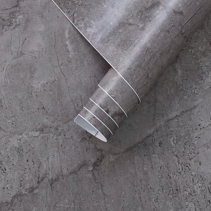 JSEVEM 16"×118" Air Guide Design Extra Thick Grey Light Purple Marble Concrete Wallpaper Peel and Stick Industrial Modern Style Waterproof Gray Marble Concrete Contact Paper Vinyl Sticker for Bedroom