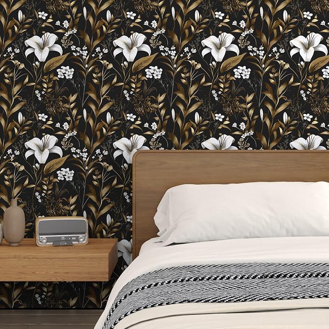 Vintage Dark Black Golden Floral Peel and Stick Wallpaper 17.5"x787" | Self Adhesive/Removable/Waterproof/Thick Vinyl Extra Long Contact Paper for Bathroom Bedroom Shelf Cabinet Drawer,Prepasted