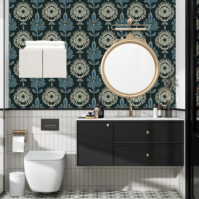 BOKEBEVE Extra Long Green Leaf Wallpaper Stick and Peel Boho 17.5 x 393.5In | Floral Contact Paper Vintage Wallpapers Symmetrical Style Modern Renter Friendly for Accent Wall Cabinet Removable