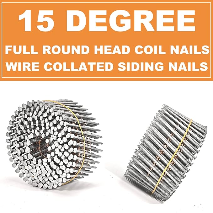3600 Count Siding Nails, 15-Degree 2 Inch *.092 Wire Collated Coil Ring Shank Nails, Full Round Head Hot-Dipped Galvanized Siding Nailer Attachment Replacement Parts