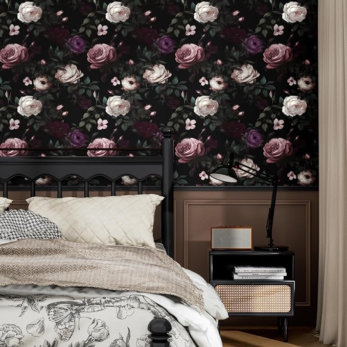 Fvlow Pink Rose Dark Floral Peel and Stick Wallpaper 17.4" x 118" | Renter Friendly, Removable & Waterproof, Vinyl Easy Install for Bedrooms, Bathrooms, Kitchens, Cabinets and Home Decor