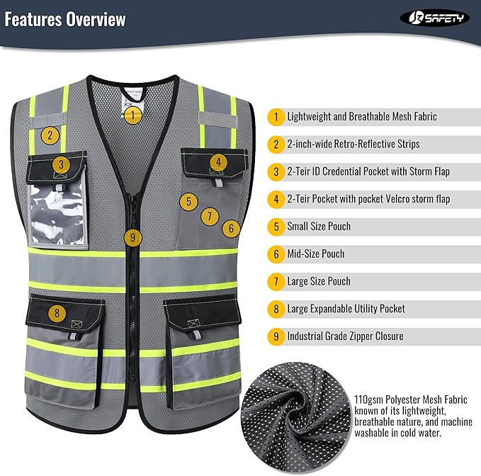 JKSafety Hi Vis Reflective Safety Vests for Men Women High Visibility Vest with Pockets Mesh Fabric Construction Safety Apparel Neon Vest for Work (220-Grey M)