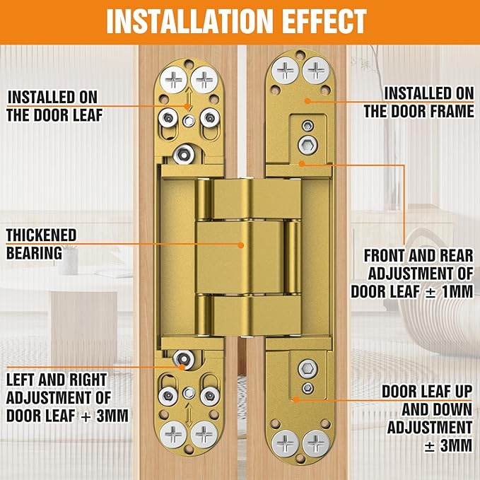 6" Hidden Door Hinge/Concealed Hinges,Invisible Hinges,Invisible Door Silent 180 Degree Swing Hinge 3-Way Adjustable Butt 6 x 2.5 x 1inch (Golden, 6 inches)