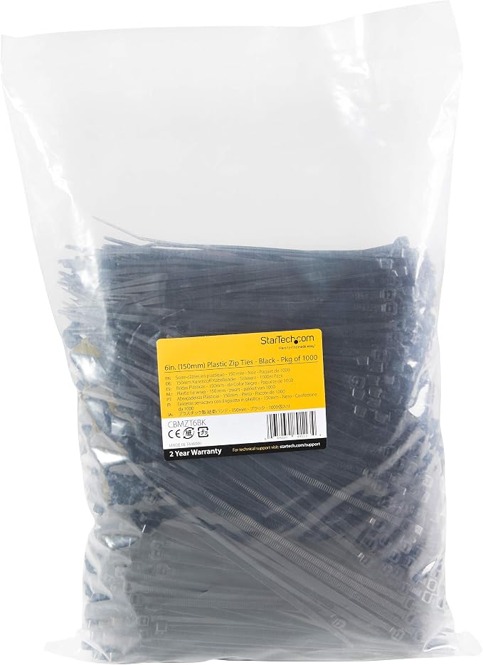 StarTech 100-Pack 6"(15cm) Cable Ties, UL Listed, Black, TAA (CBMZT6B) | 1/8"(3.6mm) wide, 1-3/8"(39mm) Bundle Diameter, 40lb(18kg) Tensile Strength, Nylon Self Locking Zip Ties with Curved Tip