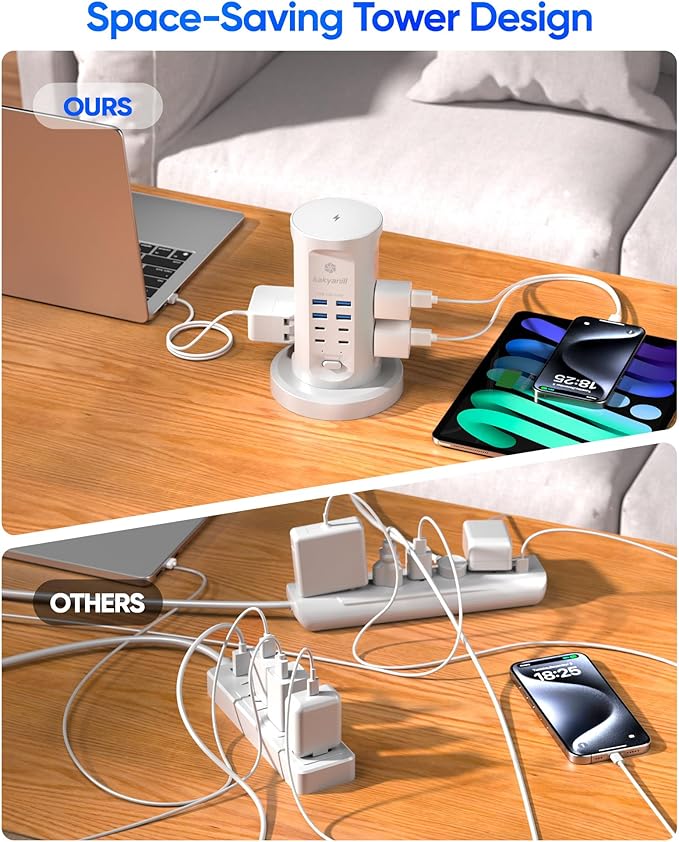 Power Strip Tower, kakyanill Surge Protector Tower 9 AC Outlets 8 USB (4 USB C), 6 Ft Retractable Extension Cord, Charging Station for Office Dorm Room, White