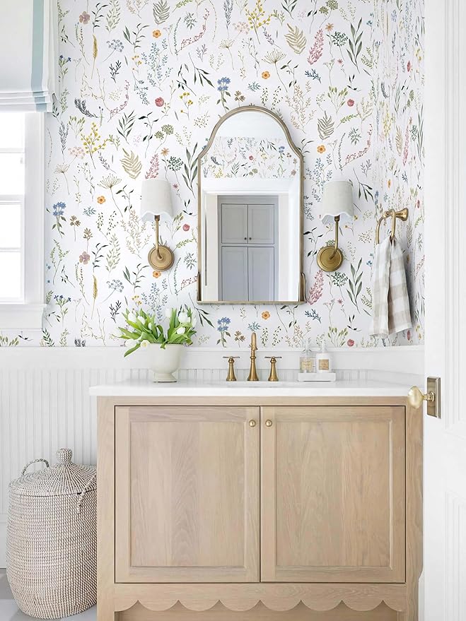 Dimoon 393"x16.1" Floral Peel and Stick Wallpaper White Contact Paper Thicken Wallpaper Delicate Flower Waterproof Green Leaf White Self Adhesive Removable Wall Paper Shelf Liner Decal Vinyl Roll