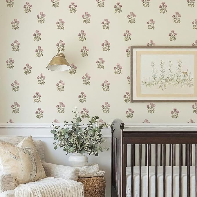 17.3"× 590.5" Vintage Floral Wallpaper Peel and Stick Boho Wallpaper Removable Waterproof Beige Rose Pattern Contact Paper for Bedroom, Bathroom, Home Wall