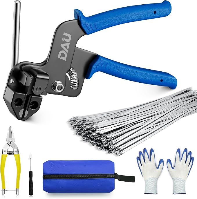 DAU Stainless Steel Cable Tie Gun Kit-150PCS Metal Zip Ties (3 Sizes), Tensioning/Cutting Tool for Fencing, Chicken Coop, Cable Bundling, Exhaust Repair & Structural Reinforcement