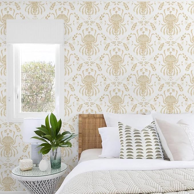 Dimoon Beige Peel and Stick Wallpaper Coastal Contact Paper Bathroom Ocean Wallpaper Boho Jellyfish Renter Friendly Waterproof for Cabinet Kitchen Bedroom Vinyl 17.3''x78.7''