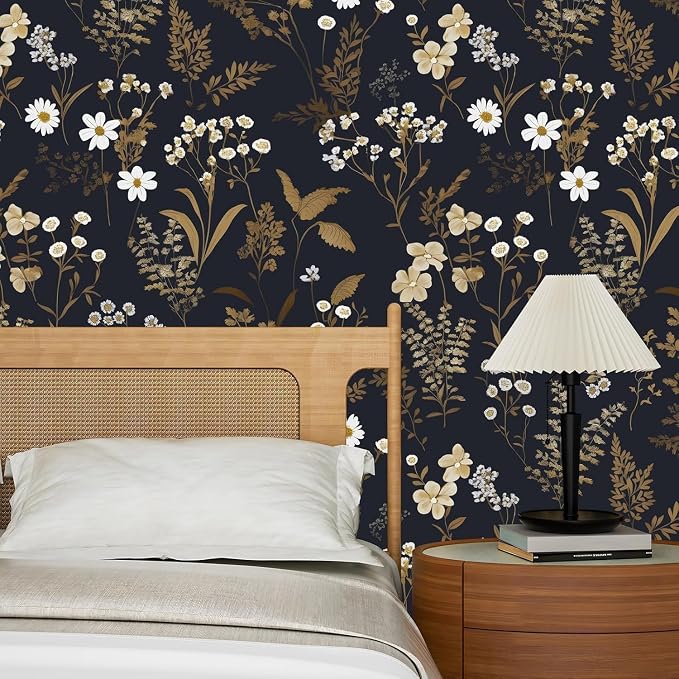 Floral Leaf Vintage Wallpaper Peel and Stick 17.5"x197", Dark Gold | Self Adhesive/Removable/Waterproof/Thick Vinyl Contact Paper for Bathroom Bedroom Shelf Cabinet Drawer,Prepasted,Easy Peel