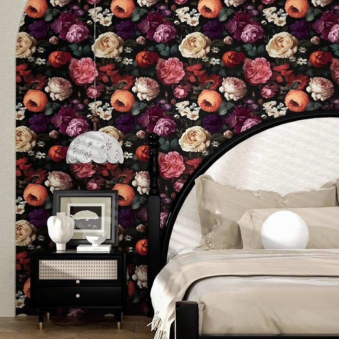 Fvlow Colorful Flower Dark Floral Peel and Stick Wallpaper 17.4" x 394" | Renter Friendly, Removable & Waterproof, Vinyl Easy Install for Bedrooms, Bathrooms, Kitchens, Cabinets and Home Decor