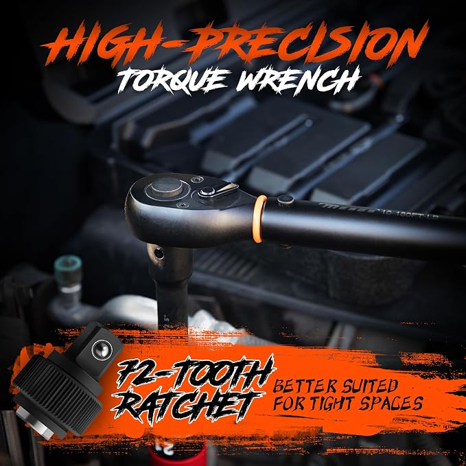 6PCS Torque Wrench Set, 1/4" 3/8" 1/2" Drive Click Torque Wrenches (20-240 in.lb, 5-45 ft.lb, 10-180 ft.lb) ±3% Accuracy, 72-Tooth Dual-Direction Dual-Scale for Bike, Motorcycle, Car Repair