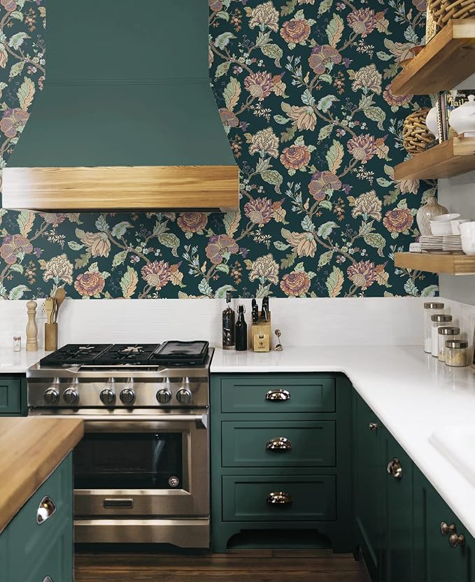 NextWall Kianna Jacobean Floral Peel and Stick Wallpaper (Victorian Jade)