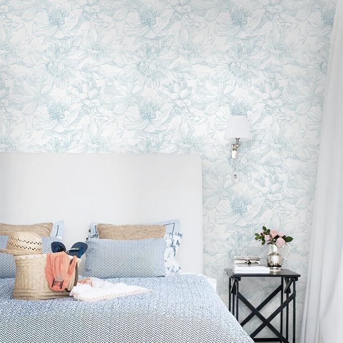 118"x17.3" Peel and Stick Wallpaper Blue Floral Contact Paper Boho White Modern Wallpaper Removable Self Adhesive Wall Paper for Bedroom Bathroom Cabinets Drawers Thicken Vinyl Roll