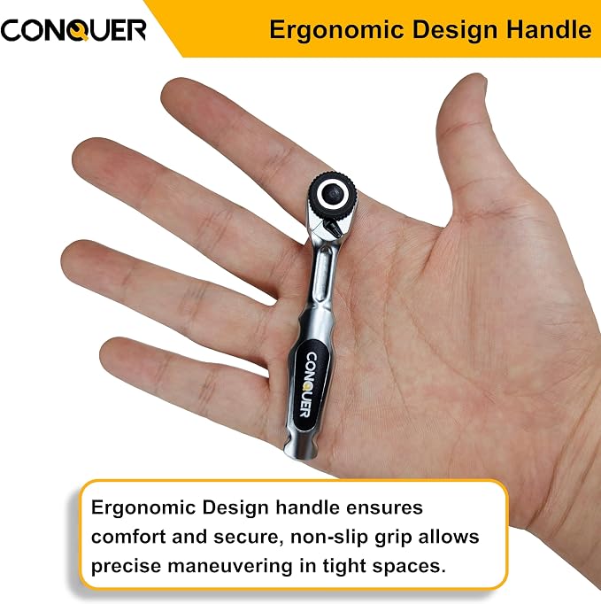 CONQUER 22pc Mini Ratchet Screwdriver Set, 1/4" Right Angle Phillips Kit | 72-tooth gear, 5° swing, 48 ft-lbs torque, Cr-V/S2 steel, spin disk, quick-release bits, EVA tray, EDC tight-space tool