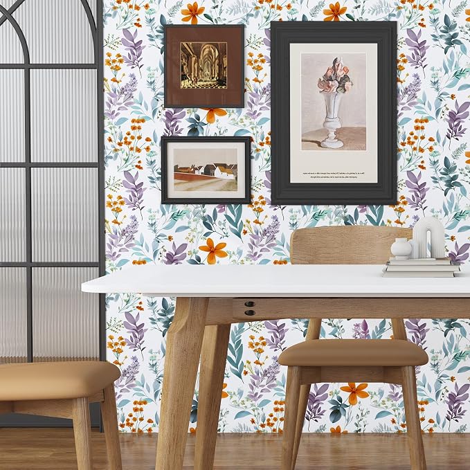Blue Leaf Wallpaper Peel and Stick,Vintage Purple/Orange Floral Contact Paper 17.5" x 118",Botanical Wall Paper Self Adhesive Removable Waterproof for Room Bedroom Walls Shelves Cabinet Table Decor