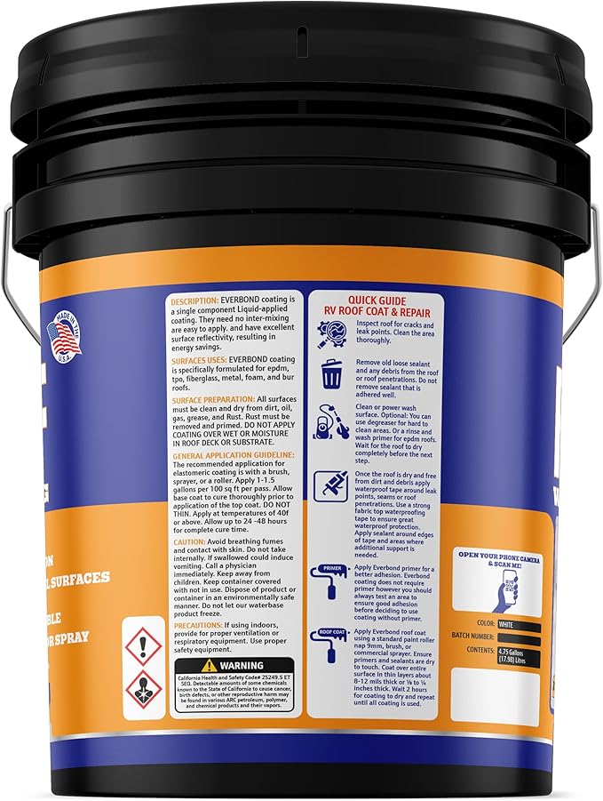 Everbond Liquid Rubber RV Roof Coating - Roof Sealant for Camper Roofs, Trailers, Motorhomes, and Metal Buildings - Roof Cooling White 4.75 Gallon - Made in USA