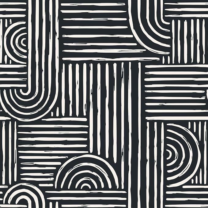 Livelynine 17.5x276 Mid Century Modern Wallpaper Geometric Black and White Peel and Stick Wall Paper with Designs Abstract Accent Wall Covering Aesthetic Bedroom Bathroom Line Contact Paper for Walls
