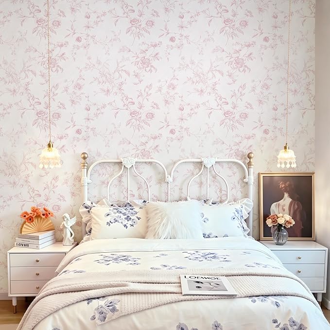Ismoon Floral Peel and Stick Wallpaper Vintage Pink Wall Paper French Textured Contact Paper Removable Self Adhesive Wallpaper for Bedroom Vinyl Roll Renter Friendly 17.3in×9.84 ft