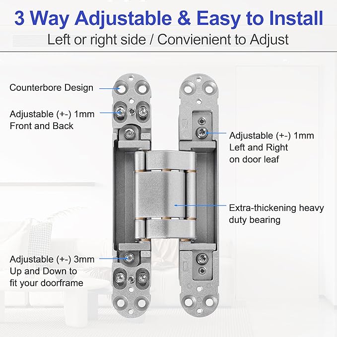 2Kits 7 inch Stainless Steel Hidden Door Hinges -Invisible Hinges for Doors, 180 Degree Swing Concealed Door Hinges, 3 Way Adjustable for Heavy Duty (‎Silver)