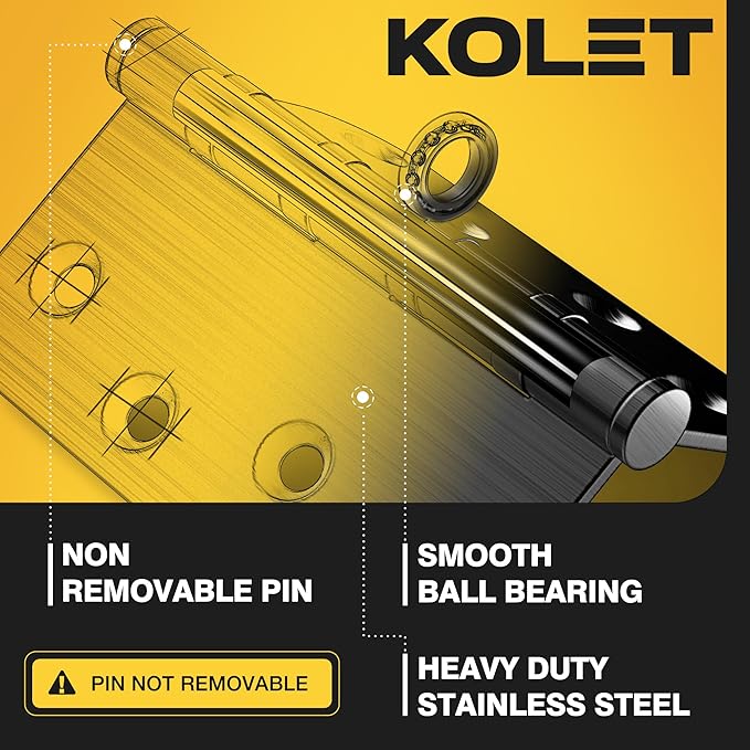 KOLET Ball Bearing Door Hinges, 4 x 4 Inches Black Door Hinges, Heavy Duty Stainless Steel Hinges, 5/8'' Radius Corner, Smooth and Quiet, Non Removable Pin, Matte Black, 6 Pack